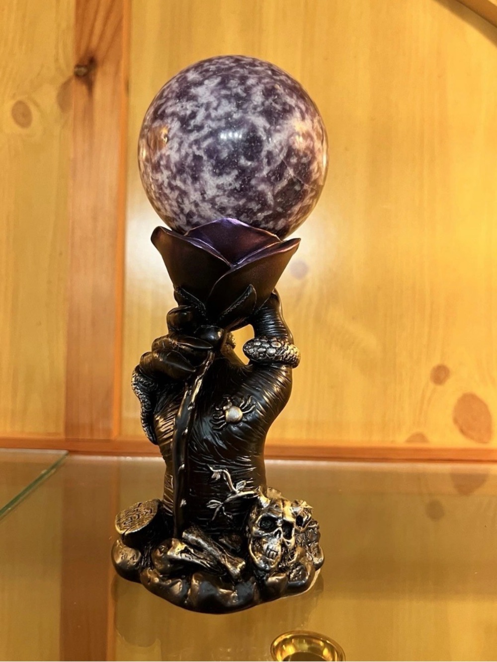 613 gram 1.3lb Spotted Lepidolite Crystal Sphere with Gothic Hand stand